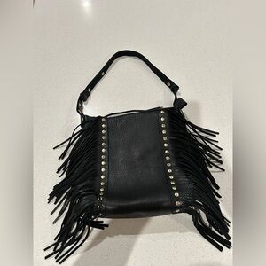 Pebbled Black Leather Fringe Crossbody & Shoulder Bag
